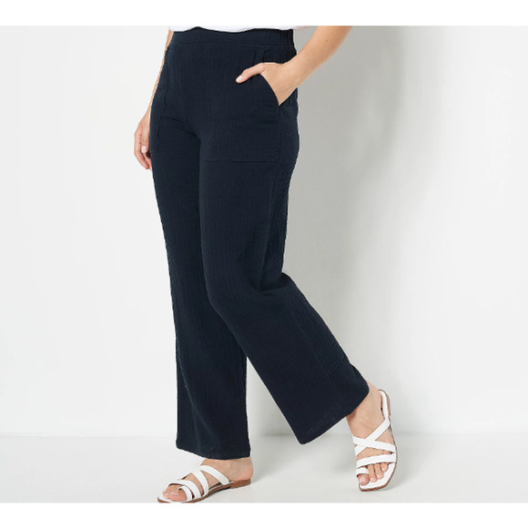 A500275 LOGO Lori Goldstein Beach to Street Cotton Gauze Pants Black Petite XXS - Picture 5 of 6
